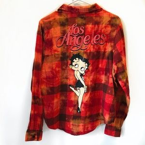 Betty Boop Graphic Plaid Button Down Acid Wash Cotton Flannel Shirt